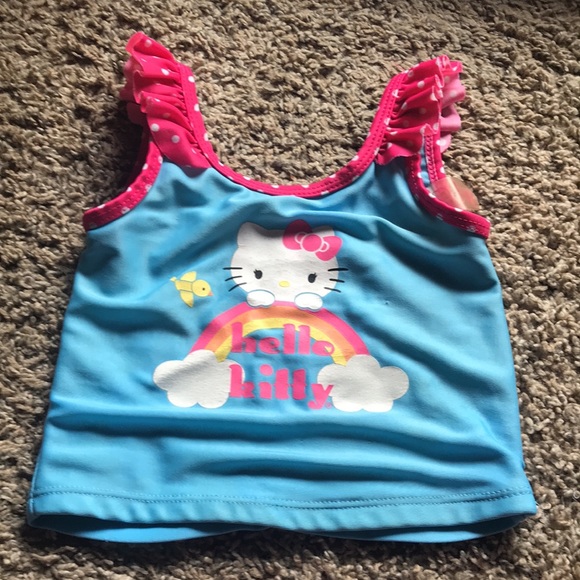 Hello Kitty 2 Piece Blue & Pink Polka Dot Ruffled Swimming Suit - Picture 2 of 9